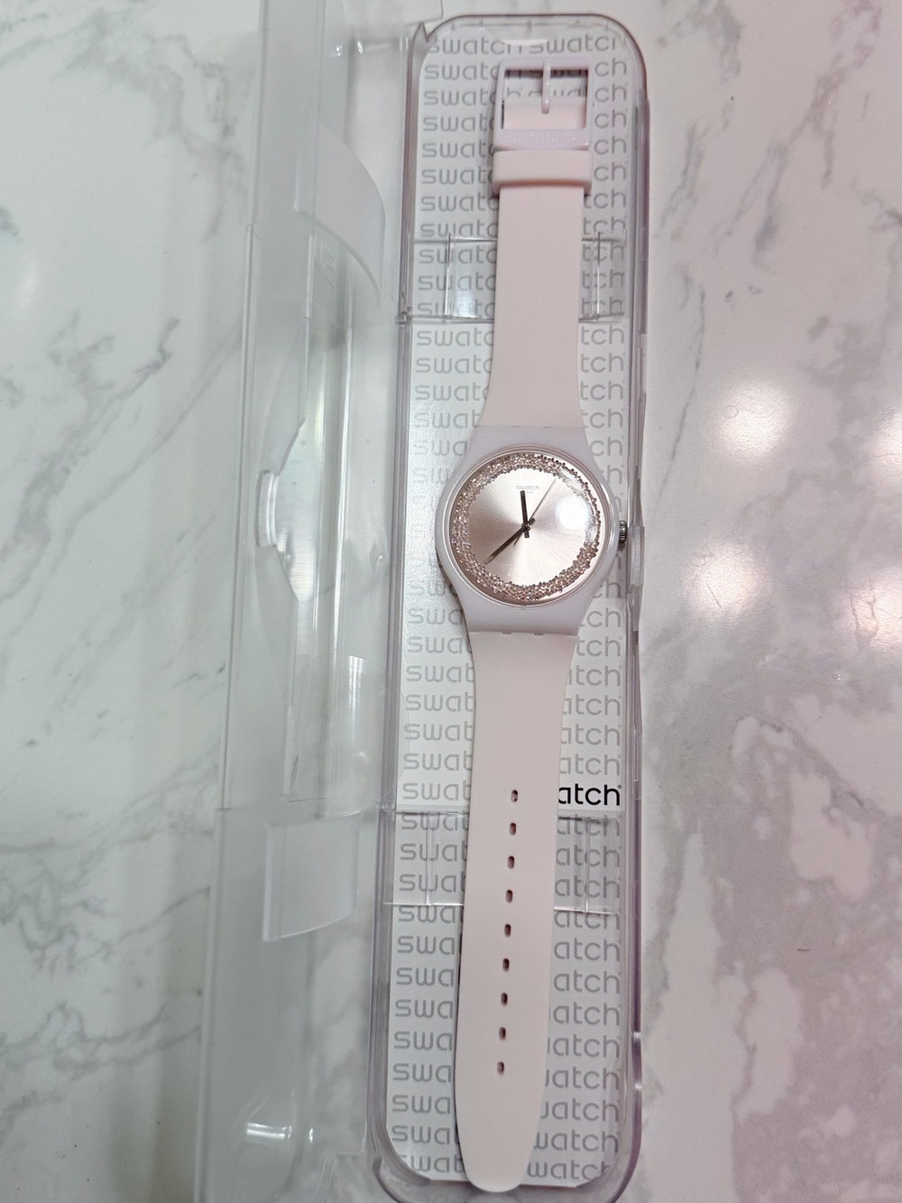 Swatch Pale Pink Silicone Watch with Silver Dial and Glitter